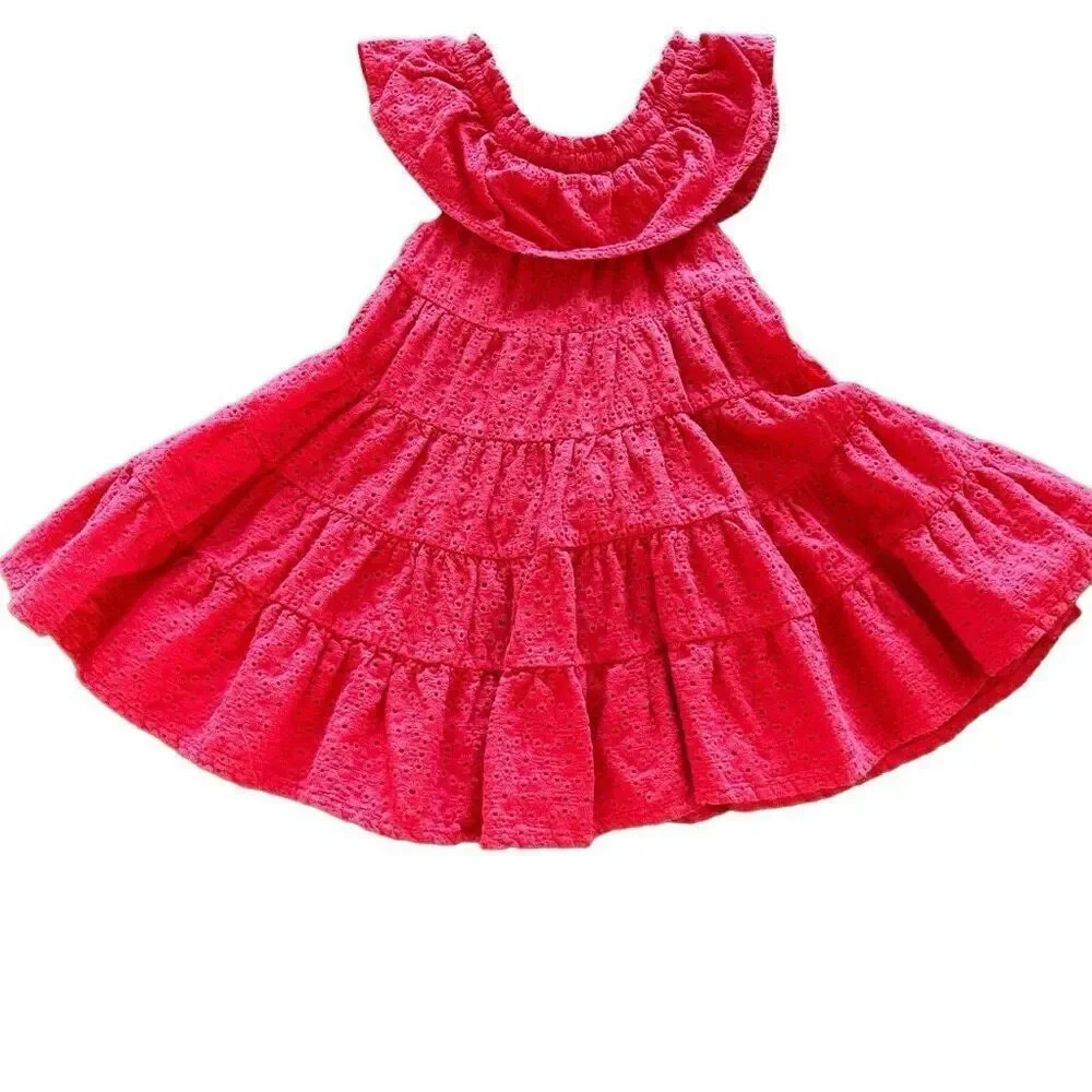 Oshkosh Genuine Kids B Boho Sundress Coral Red Eyelet Lace Tiered Dress Size 2T